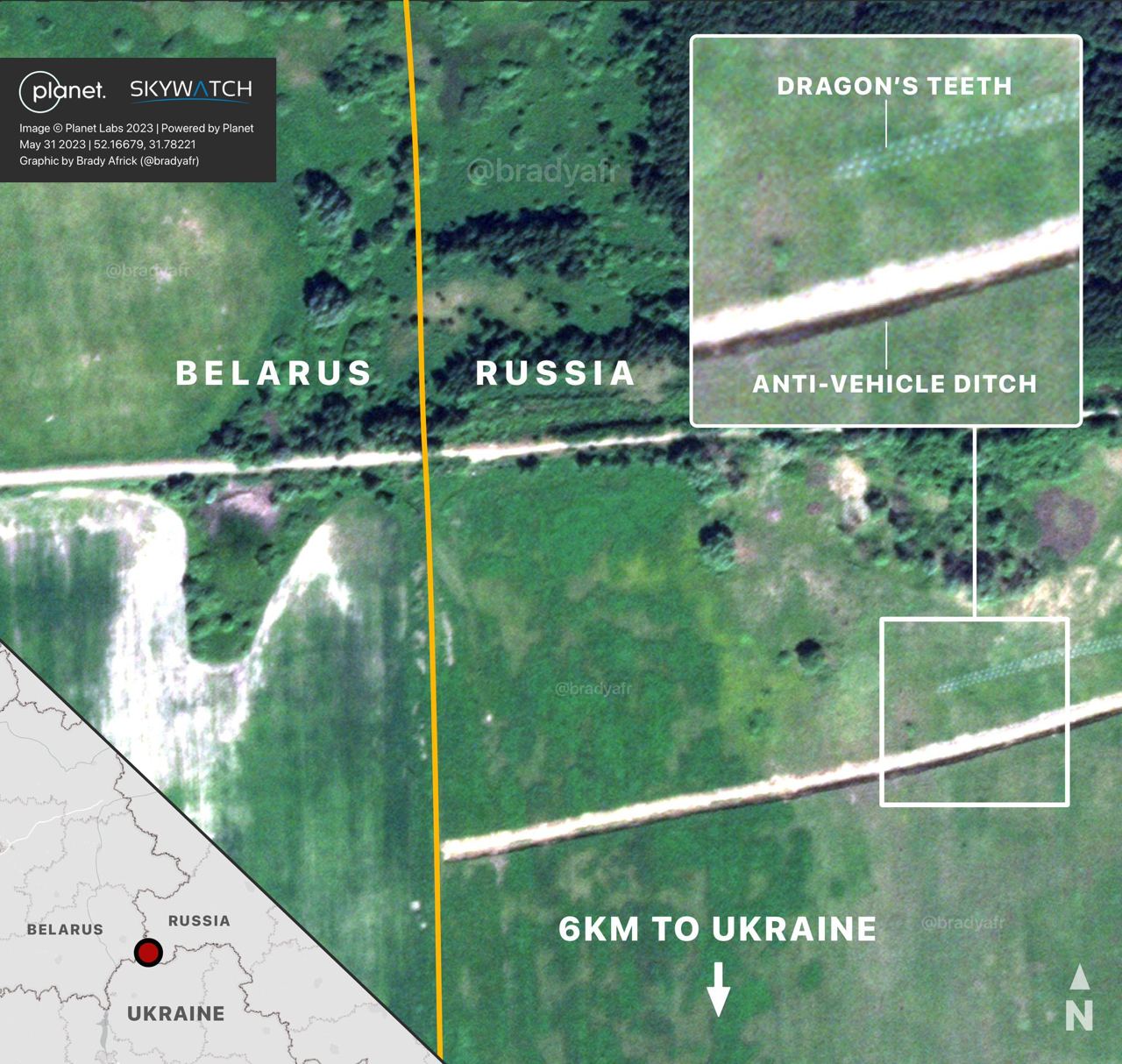 Росіяни звели лінію оборони впритул до кордону з Білоруссю (супутникові знімки)